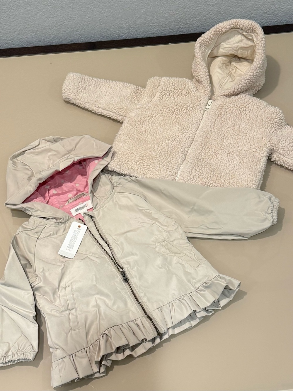 Gymboree Toddler Hooded Beige Jacket Set - NWT Rain Coat & EUC Faux-Sherpa